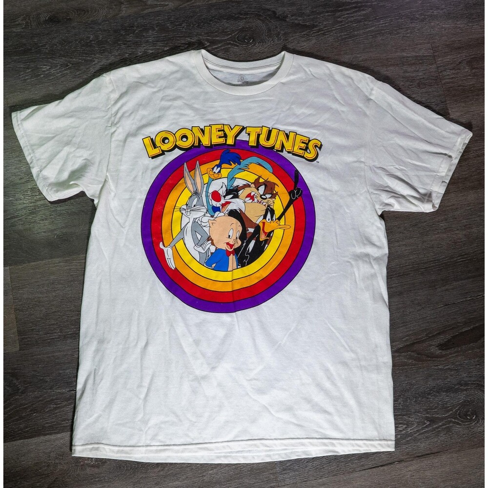 Looney Tunes Cast Shirt Mens L White Character Graphic‎ Cartoon Crewneck Tee